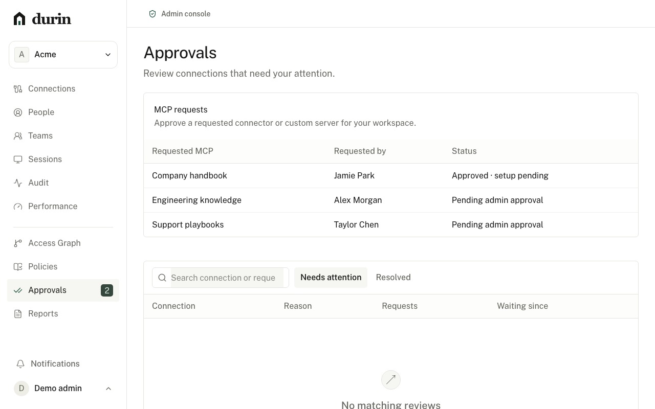 Durin admin console showing requested MCP connections and their review status