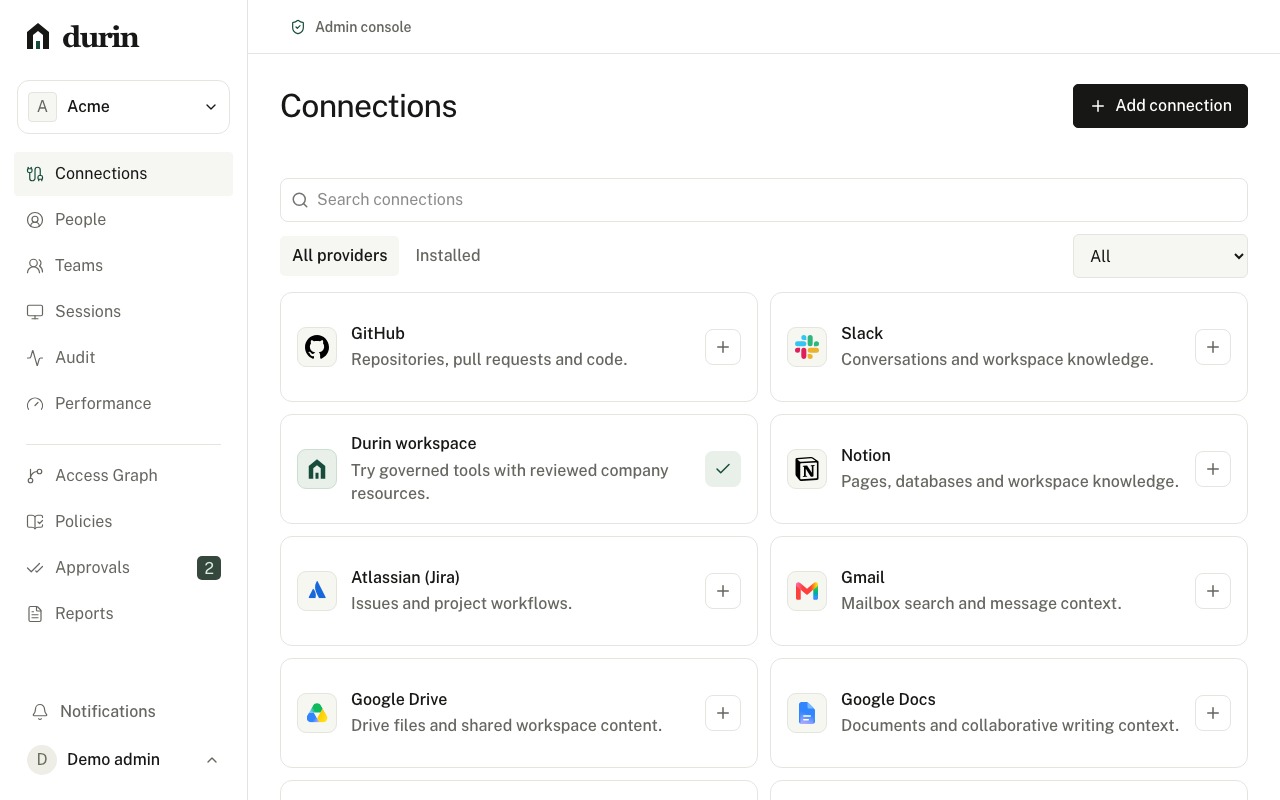 Durin admin console showing a provider catalog with installed and setup-required connections