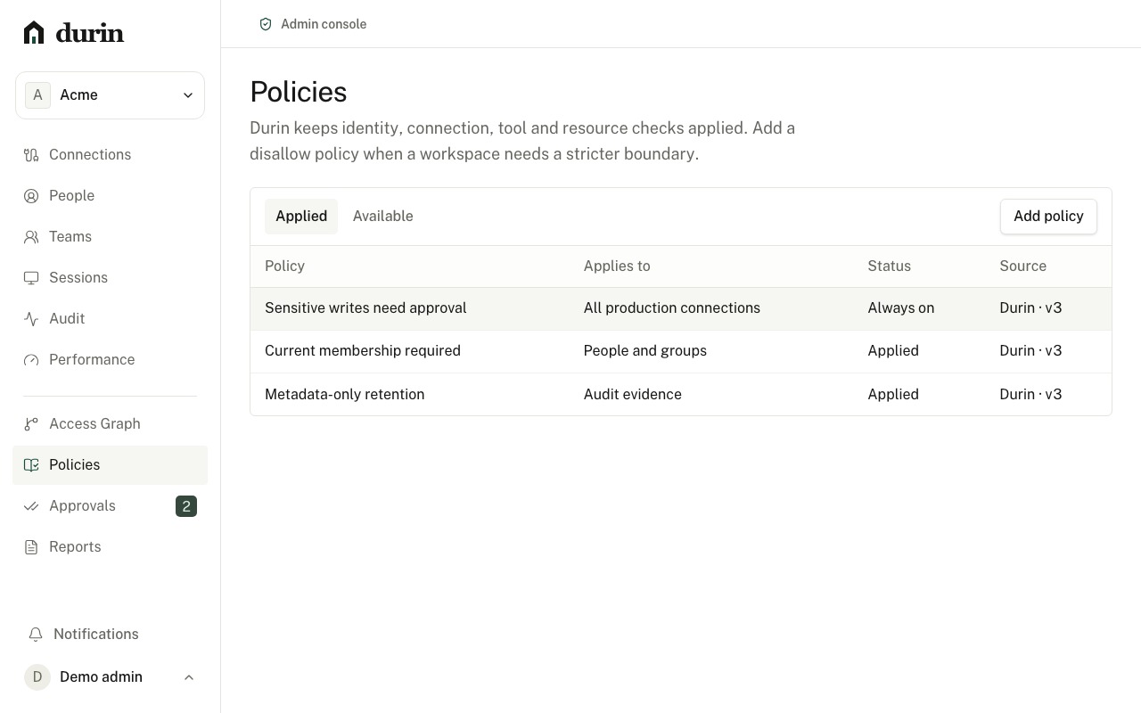 Durin admin console showing applied governance policies for sensitive writes and membership checks